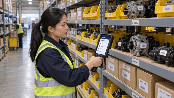 Technician auditing parts in the depot