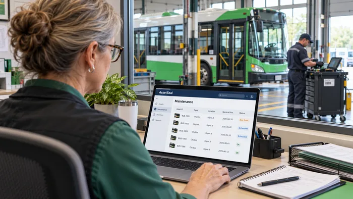 Planner reviewing bus fleet maintenance records