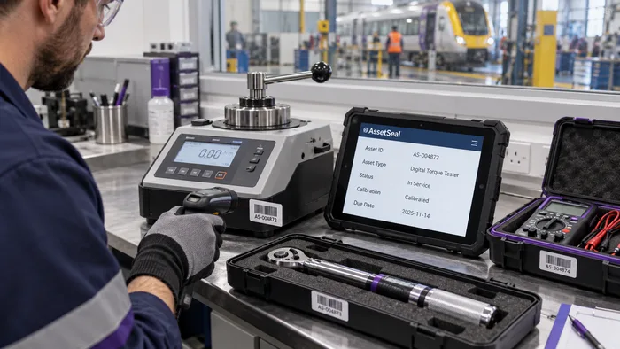 Technician recording calibration during rail maintenance