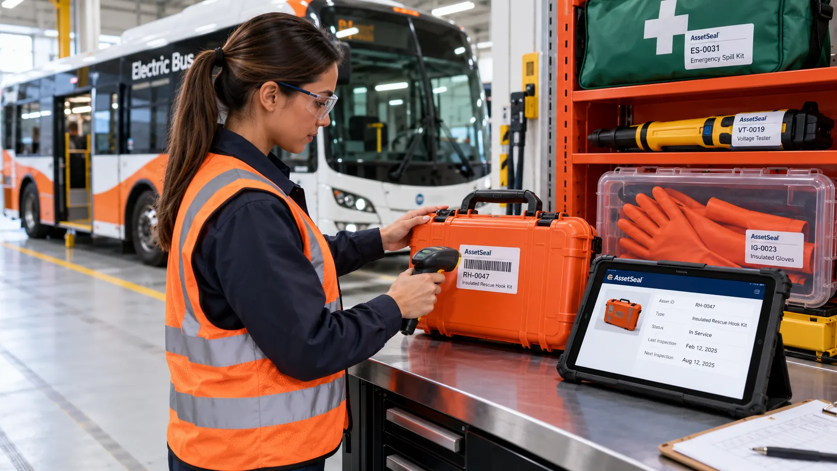 Inspector checking safety equipment on an electric bus