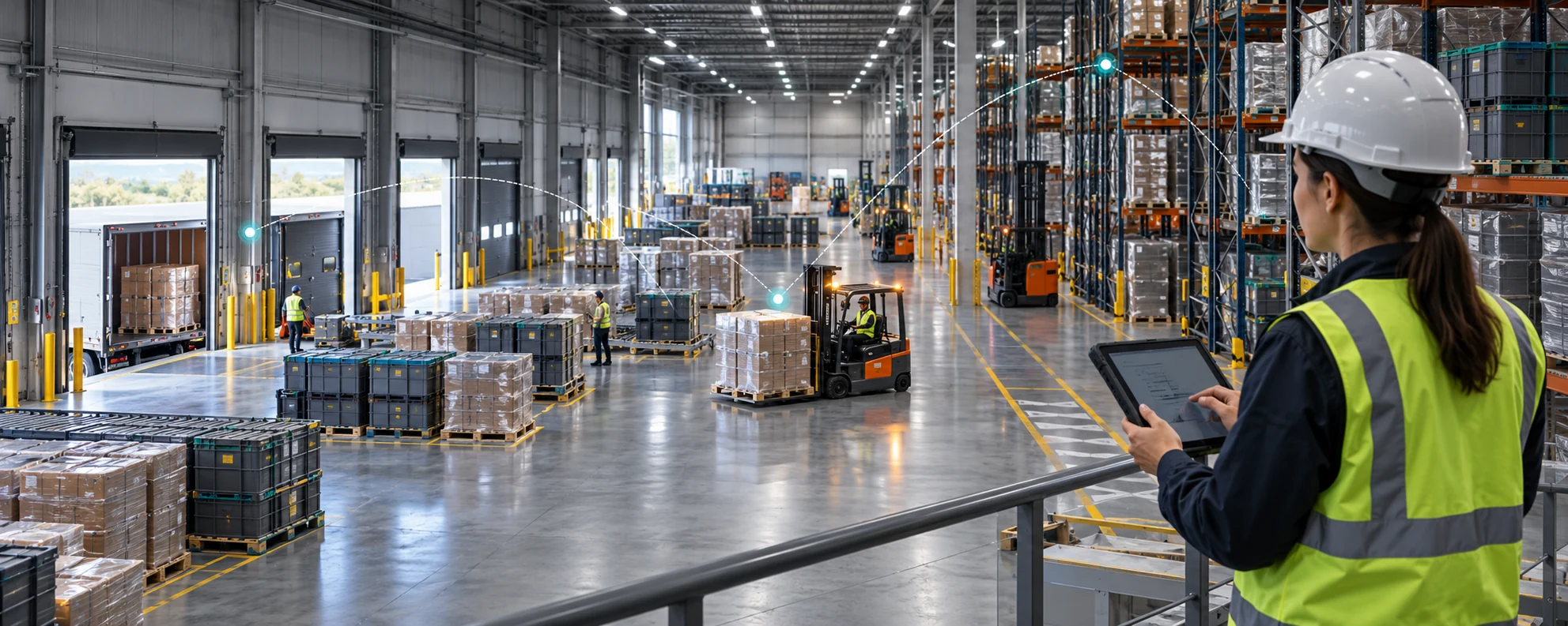 Warehouse associate verifying tagged pallets