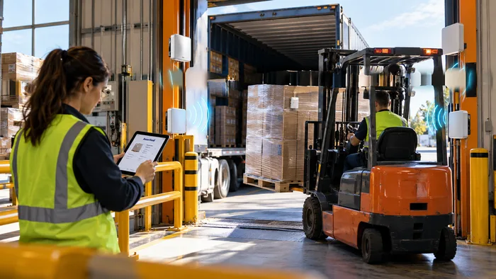 Worker verifying a shipment at the dock door