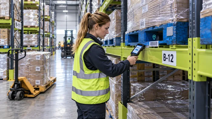 Associate confirming a pallet location in the racking